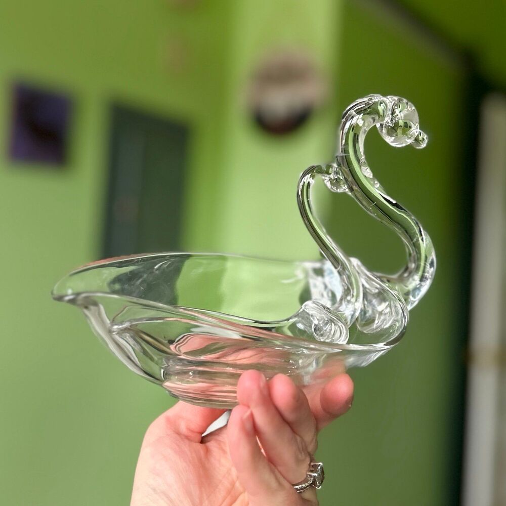 VTG Dainty Shiny Elegant Glass Swan Mama + Baby Bird Trinket Dish Set of 2 - Picture 4 of 12